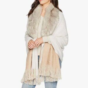 NEW Lauren Ralph Lauren Detachable Faux Fur Collar Reversible Ruana Poncho Shawl